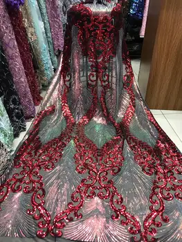 

Wine Red Gold Sequins Lace Fabric High Quality African French Tulle Lace Fabric Embroidery For Sequins Lace Nigeria Party Dress