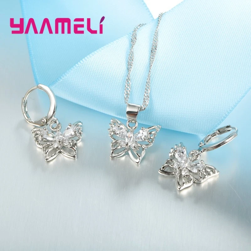 925 Sterling Silver Color Jewelry Sets Shining Austrian Crystal Inlaid Butterfly Wedding Pendant Necklace Earrings
