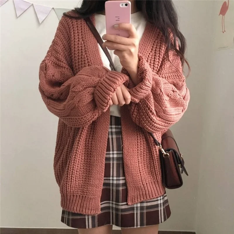 Cardigan Women 2021 Spring Autumn Ulzzang New Chic Student All-match Long Sleeve Knitted Sweaters Loose Open Stitch V-neck Retro