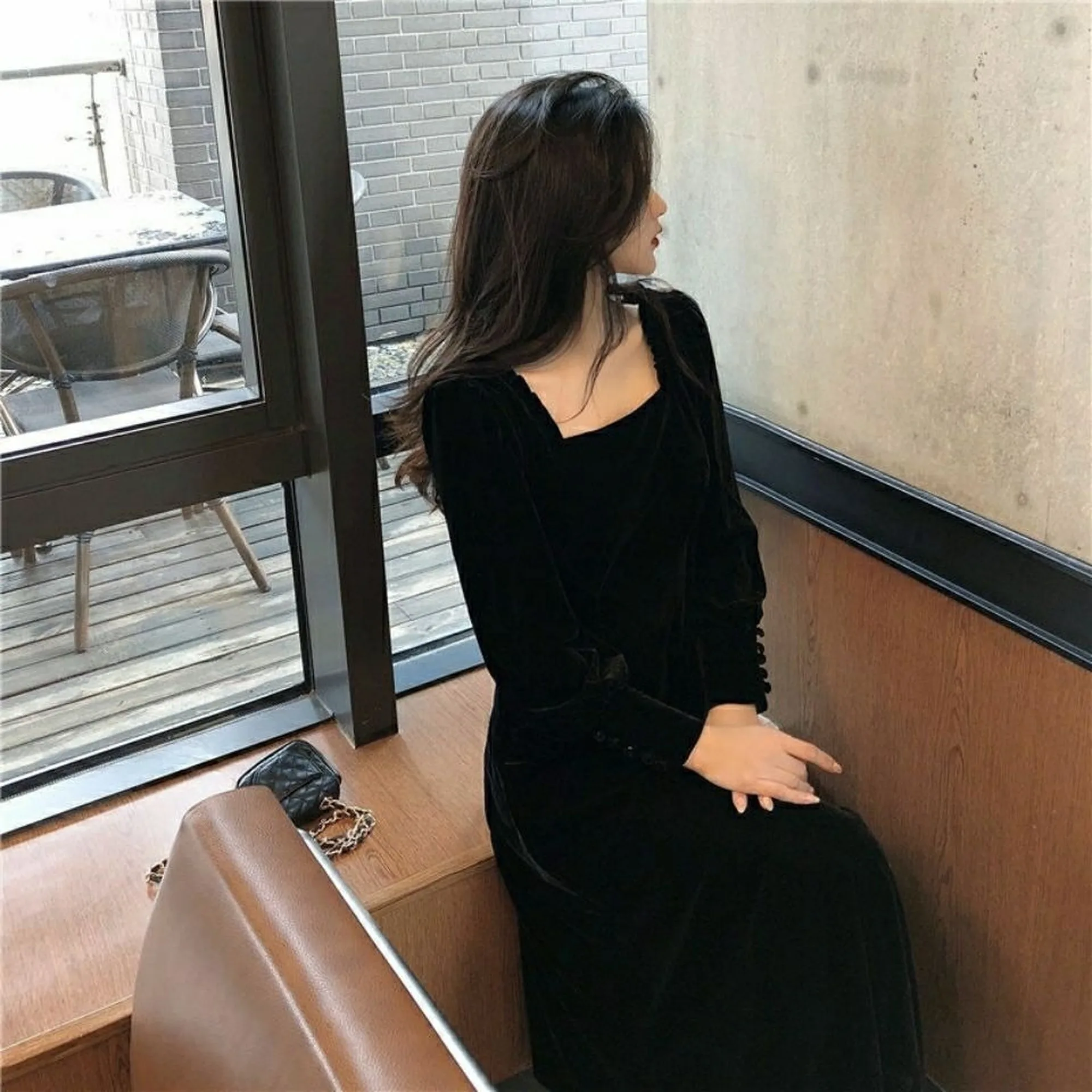 2020 square neck new fashion women's dress Korean version slim and slim long sleeve velvet medium length