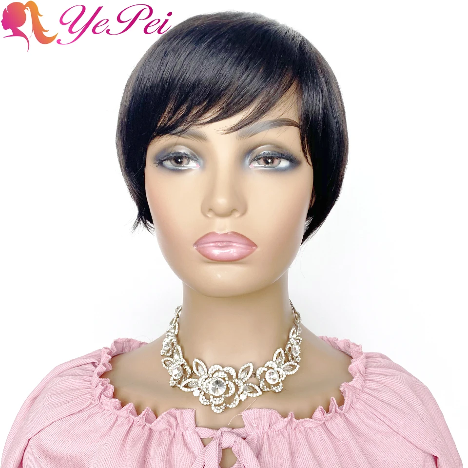Pelucas de cabello humano corto corte Pixie brasileño Remy, pelo corto hecho a máquina con flequillo, Color negro, Yepei