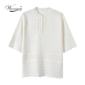 

2020 Short Tees bohemian t shirt Women Knitted Hollow Out Tee Female Casual O-neck Beach Holoday Vintage top Loose Smock C-072