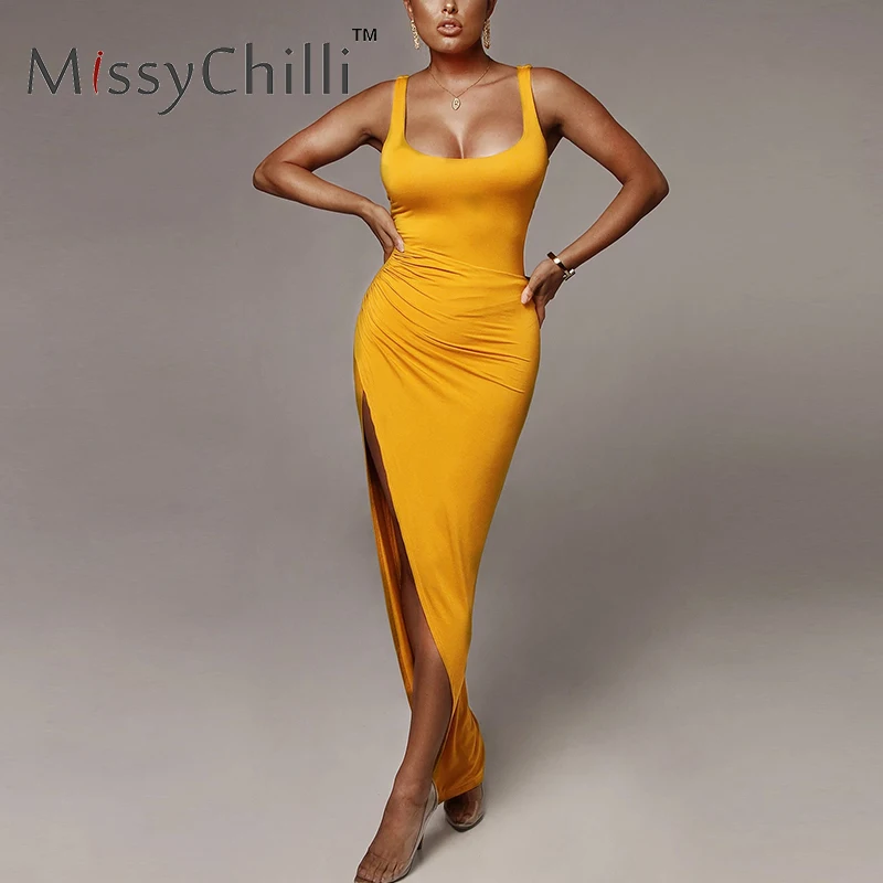 Женское трикотажное платье без рукавов Missychilli желтое однотонное с разрезом для