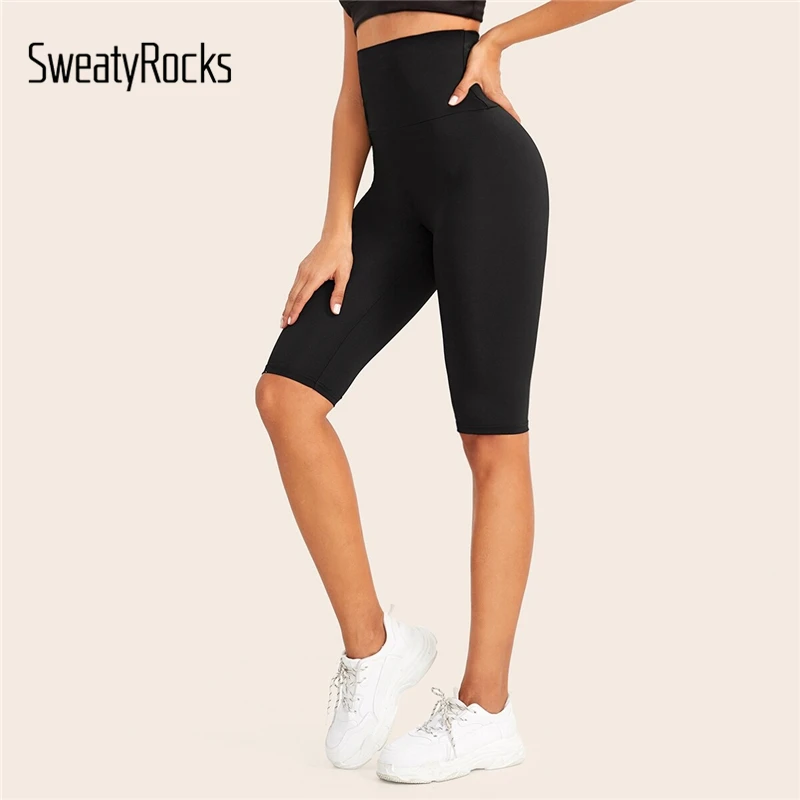 SweatyRocks черный широкий пояс на талию Твердые велосипедные шорты женская спортивная одежда 2019 Лето Athleisure Высокая талия обтягивающие
