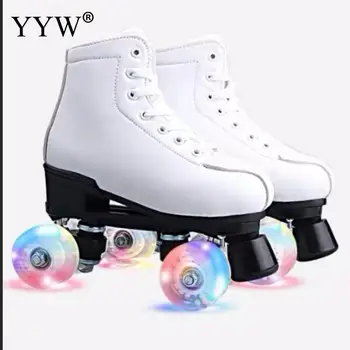 

Artificial Leather Roller Skates Double Line Skates Women Men Adult Two Line Skate Shoes Patines With White PU 4 Wheels Patins