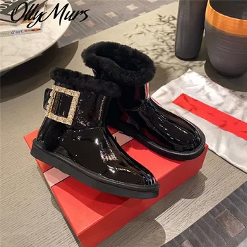 

Ollymurs Winter Patent Leather Fur Snow Boots Square Crystal Buckle Ankle Boots Women Designer Luxury Women Shoes Zapatos Mujer