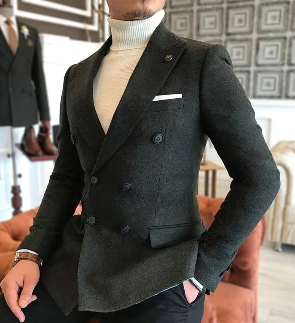 Tweed Suit Blazer Formal Men's Wool Suits Bussiness Jacket Prom Tuxedos Double Breasted Patterned Blazer for Wedding Groomsmen