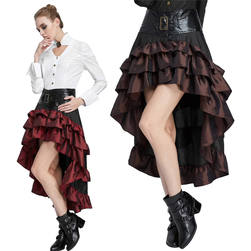 SD Women's Retro Vintage Classic Skirt Steampunk Gothic Open Front Ruffled High-Low Skirt Fashion Lady High Waist Skirt