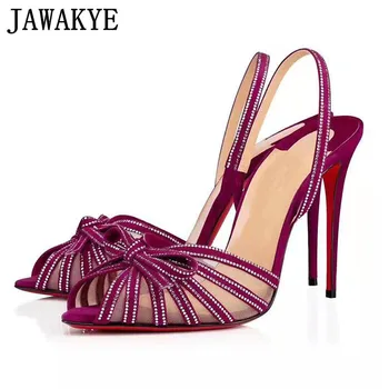 

Sexy Rhinestone High Heel Sandals Pointed Peep Toe Women Rose red Bowknot Stiletto sandals 2020 Summer Crystal Party Shoes Woman