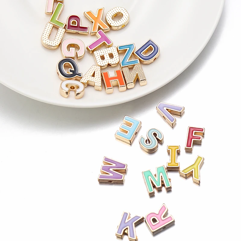 Assorted Gold Enamel Alphabet Letter Beads, Metal Letter Beads, 1