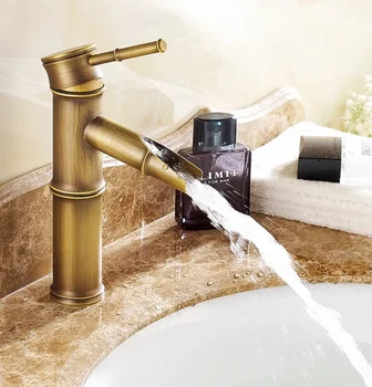 

European antique bathroom sink basin faucet retro, Bamboo style single hole basin faucet vintage, Brass water tap hot and cold