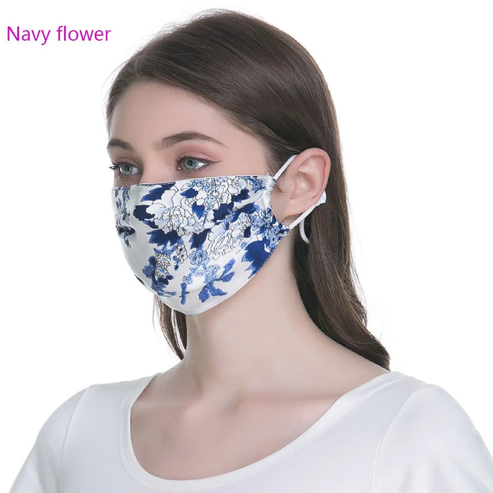 Women Mulberry Silk Masks Flower Print Thin Sunscreen Silk Masks Breathable Fashion Mouth Mask Men Dust Proof Washable