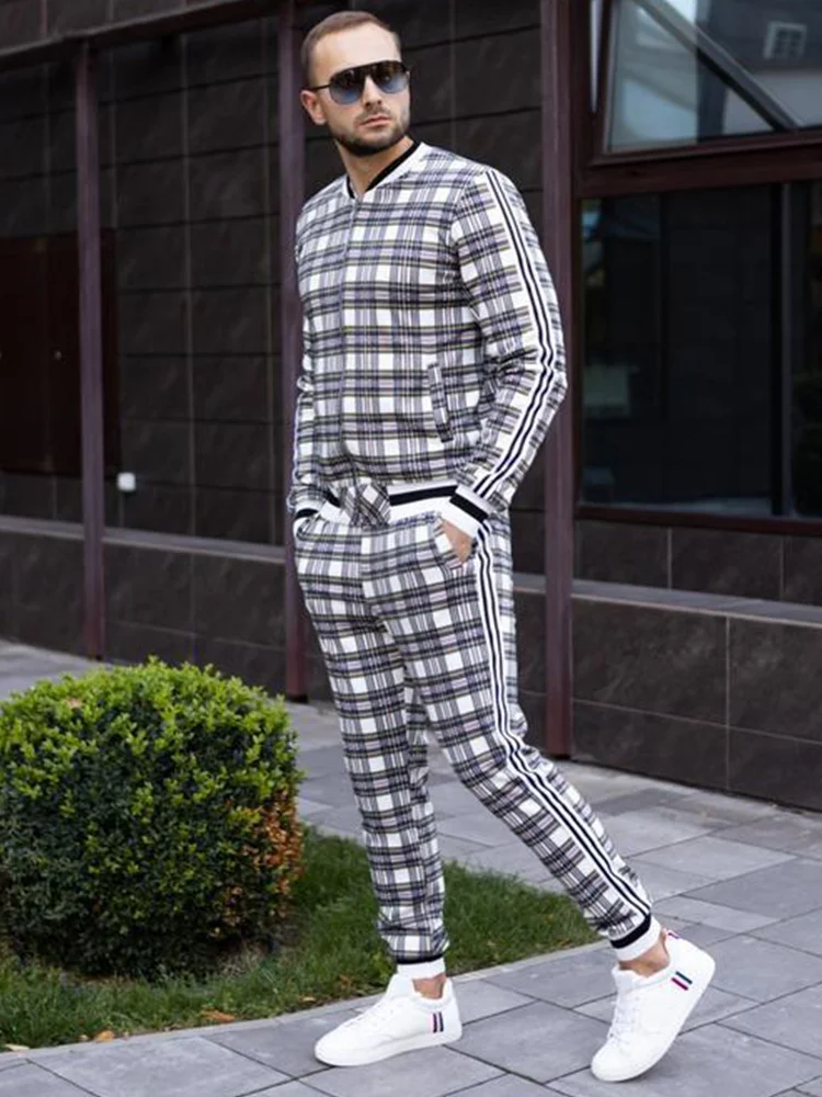 New High Street Men Sets Zipper Jacket Checkered Track Suit Men Sportsuits Long Sleeve Stripe Coat+Pants Casual Sportswear suit