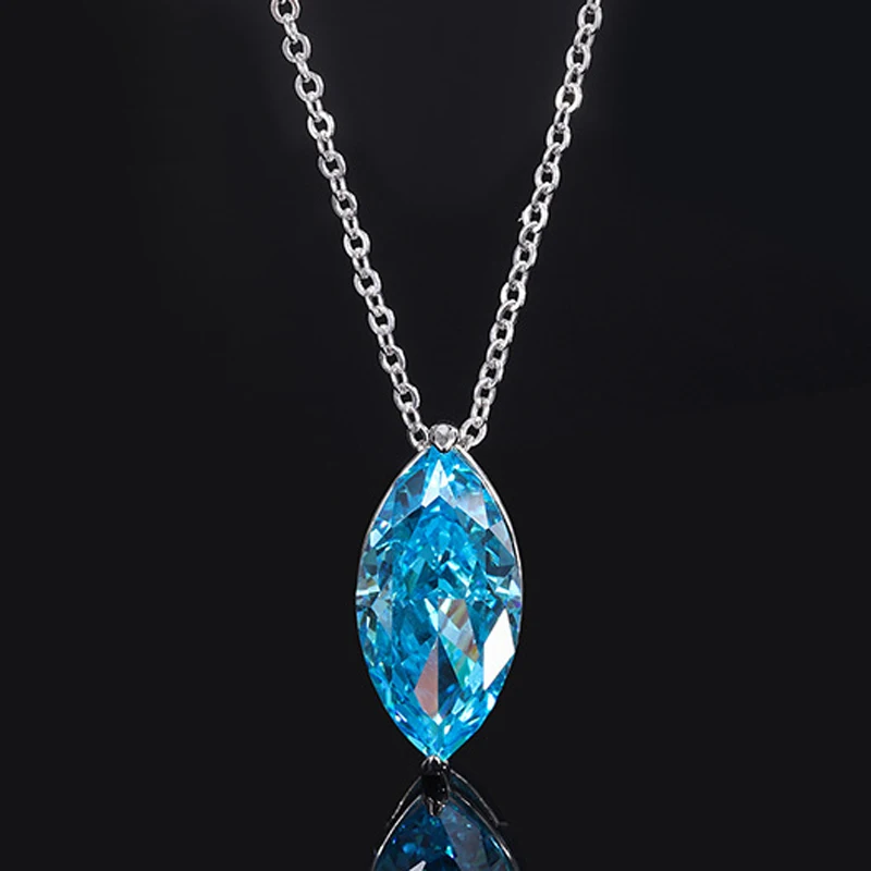 OEVAS 100% 925 Sterling Silver 12 Carat 9*18mm Aquamarine Yellow Pink High Carbon Diamond Pendant Necklace Wedding Fine Jewelry