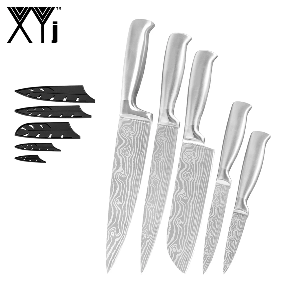 E.5pcs set XYj, 7 шт., нож из нержавеющей стали, 8 дюймов, нож для нарезки шеф-повара, 7 дюймов, Santoku, 5 дюймов, универсальный, 3,5 дюймов, нож для очистки овощей, дамасский узор, лезвие, полный инструмент Тан - Цвет: E.5pcs set