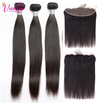 

Vanlov Hair Brazilian Straight Hair Bundles With Frontal Human Hair 13X4 Frontal Hair Weave Bundle Remy #1B #1 Blonde 3 Colors