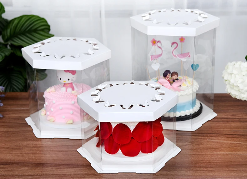 1,PET hexagon round Print transparent cake box,butterfly,Clear,681012 inch,exhibition,Storage,packaing,plastic,Holiday supplies,Birthday Cake,Party,wedding,gift,Flower,  (15)
