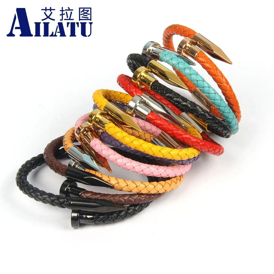 Ailatu Genuine Leather Bracelet for Men Women Design Stainless Steel Magnetic Clasp Braid Rope Jewelry Mix Colors