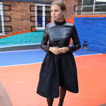 

2020 Winter Pu Patchwork Sashes Dress Long Sleeve Stand Collar A Line Dress Vintage New Fashion Black Solid Elegant Knee Dresses