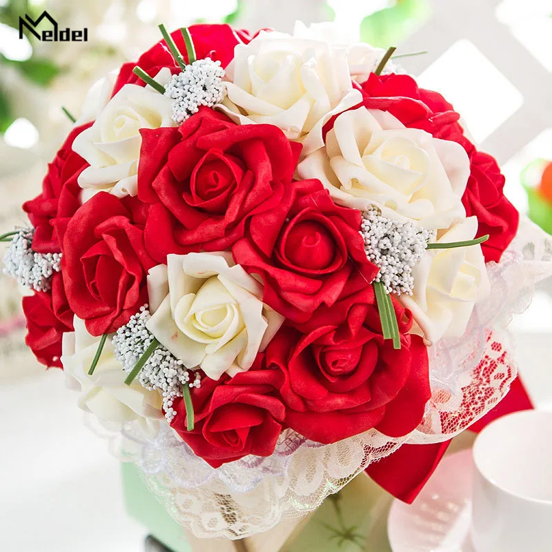 Meldel Artificial Roses Pink Wedding Flower Bridal Bouquet Fake Flower Wedding Bouquet Bridal Bouquets Holder Mariage Home Decor