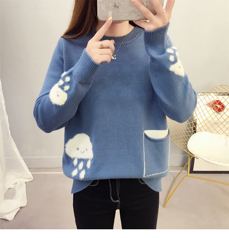 

5-color Cute Short Knit Pullover Female O Neck Harajuku Casual Sweater Jumper 2019 Autumn Cloud Women Sweater Crop Top