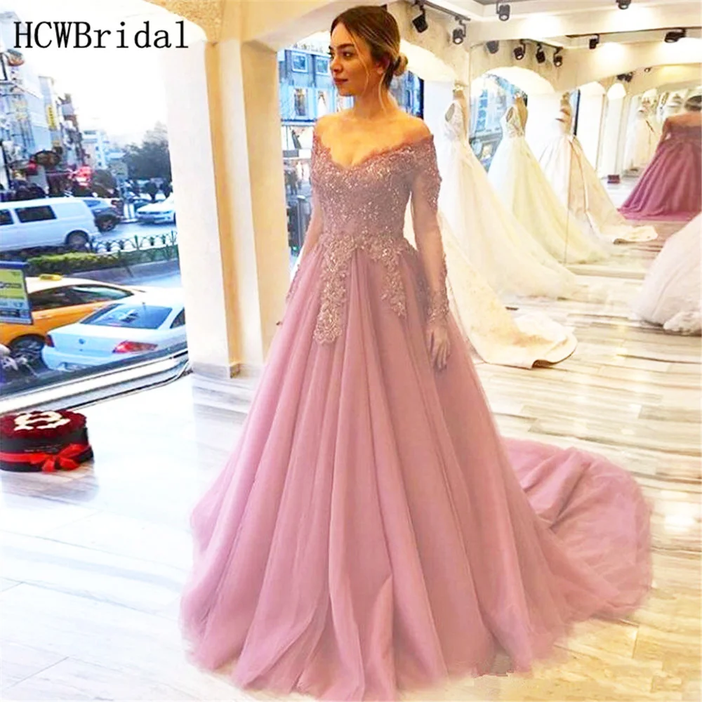 

Dusty Rose Long Sleeve Arabic Evening Dress Gorgeous Beaded Lace Sweep Train Tulle Long Formal Occasion Women Dress Custom Made