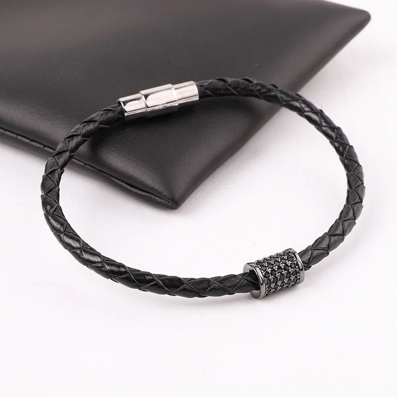 High Quality 316L Stainless Steel Clasp CZ Pave Tube Genuine Leather Bracelet Men Jewelry Gift - Image 6