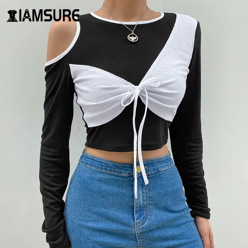 

IAMSURE 2020 Autumn Hollow Out Long Sleeve Cropped Shirt For Women Streetwear Fashion Patchwork Skinny Knitting Shirt Harajuku