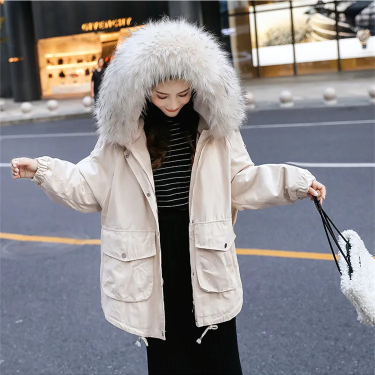

2019 Winter New Style Candy-Colored Workwear Thick Hooded Mid-length Large Fur Collar Hooded Cowboy Cotton Overcoat Women's