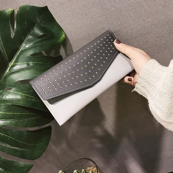 

Retro simple rivet wallet female long section new envelope mobile phone bag card bag soft wallet tide women wallets purse