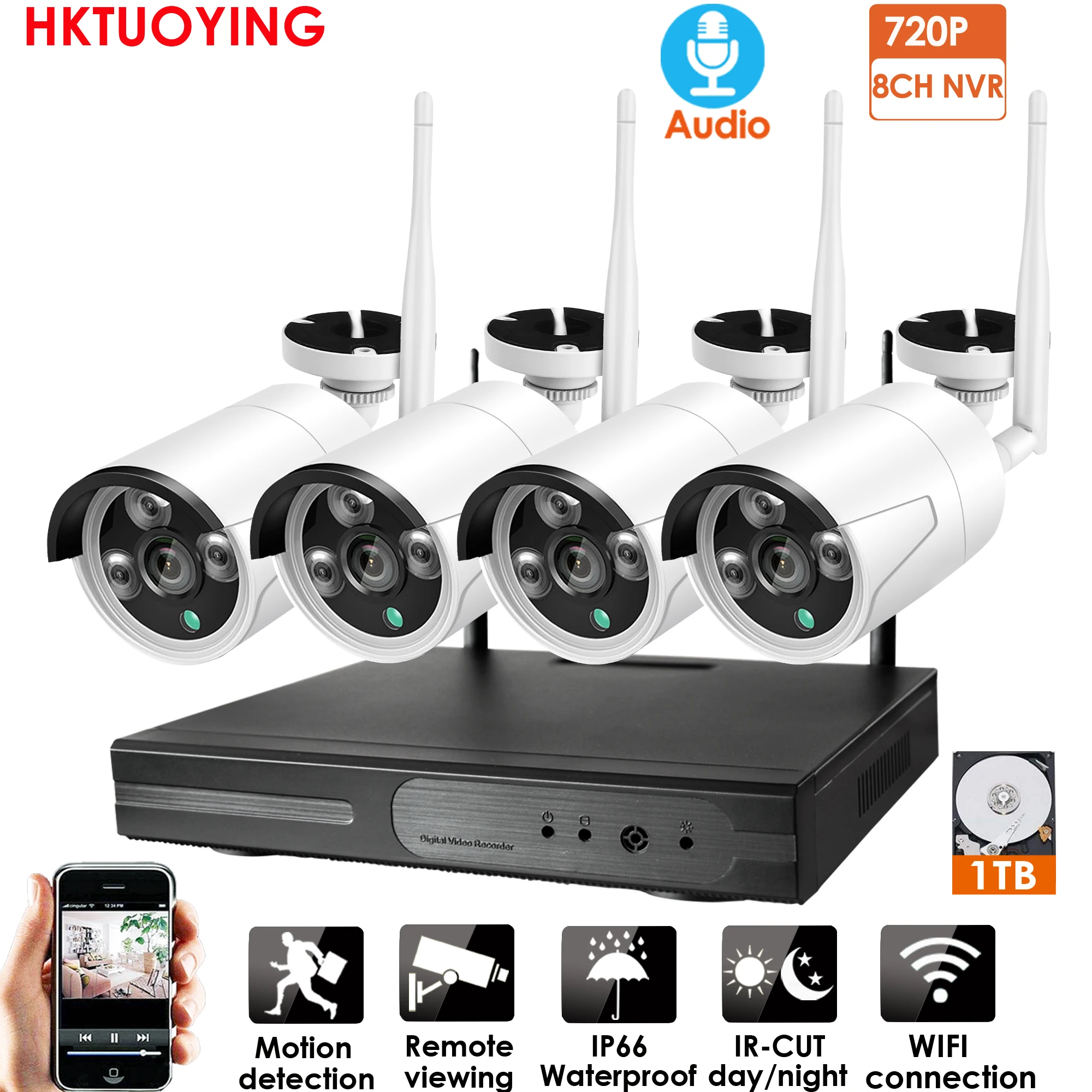 Система видеонаблюдения 4 канала 1080 пикселей HD аудио NVR P2P 720 пикселей|Система
