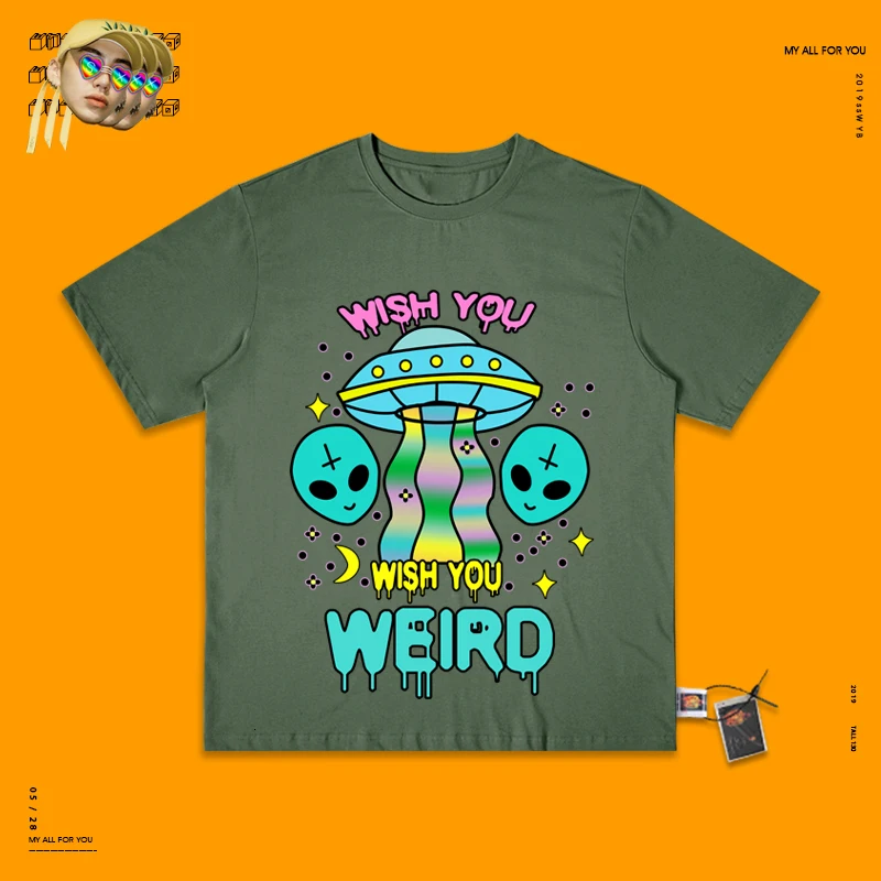 Camiseta, уличная одежда, топ, эстетика, уличная одежда, Harajuku, пара, индивидуальная, Ins, ручная роспись, Паровая волна, инопланетянин, НЛО, круглый вырез - Цвет: Army green