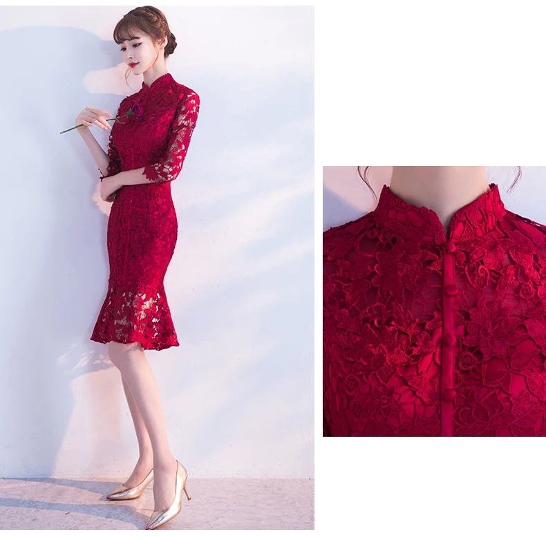 Вечернее платье cheongsam qipao, традиционное китайское женское свадебное платье, тонкое красное кружевное Чонсам с коротким рукавом