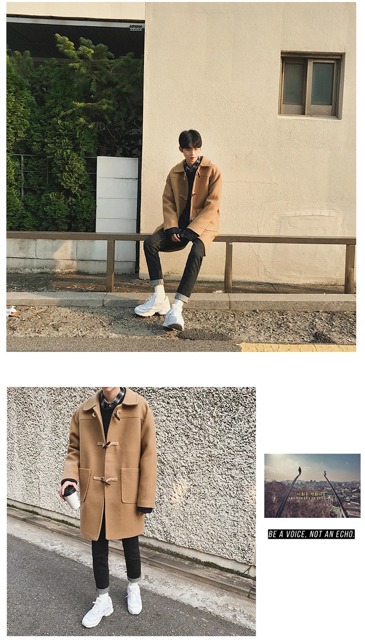 Liketkit, мужской Тренч, зима, мужское однотонное длинное пальто большого размера, корейский стиль, хаки, с роговым воротником, повседневное шерстяное пальто
