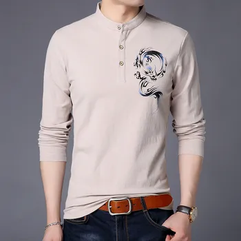 

Ymwmhu Dragon Graphic T-shirt for Men Long Sleeve Autumn and Spring Clothing Mandarin Collar Men T Shirt Plus Size Tee Shirts