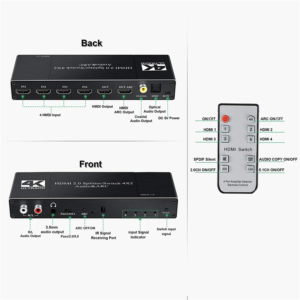 4K HDMI коммутатор 4x2 с дистанционным оптическим Toslink и коаксиальным 4 в 2 Выход HDMI коммутатор 4 порта HDMI 2,0 для Apple tv PS4