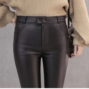 

Leather Leggings With Pockets Velvet Pu Winter Push Up Warm High Waist Black Autumn Women Moda Mujer 2020 Legging Femme Tregging
