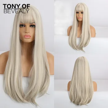 

Long Silky Straight White Highlights Synthetic Wigs With Bangs Heat Resistant Wigs For Afro Women Cosplay Natural Hair Wigs