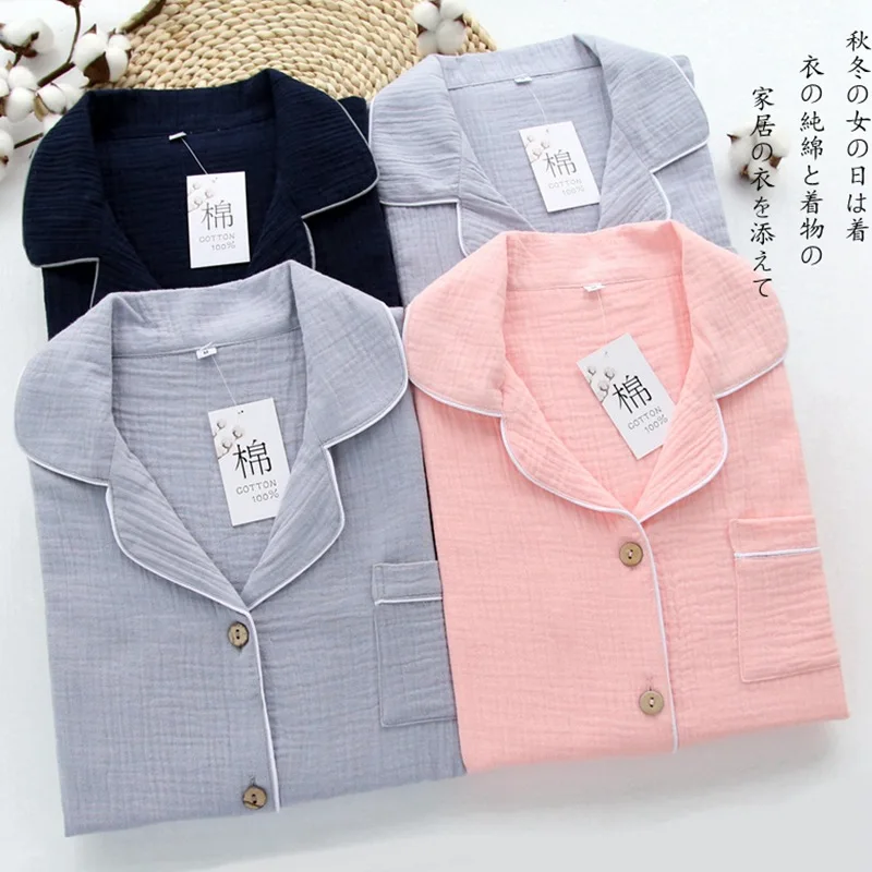 

Spring And Autumn Couples Pure Cotton Crepe Pajamas Thin Washed Cotton Pajamas Casual Large Size Men And Women Solid Color Home