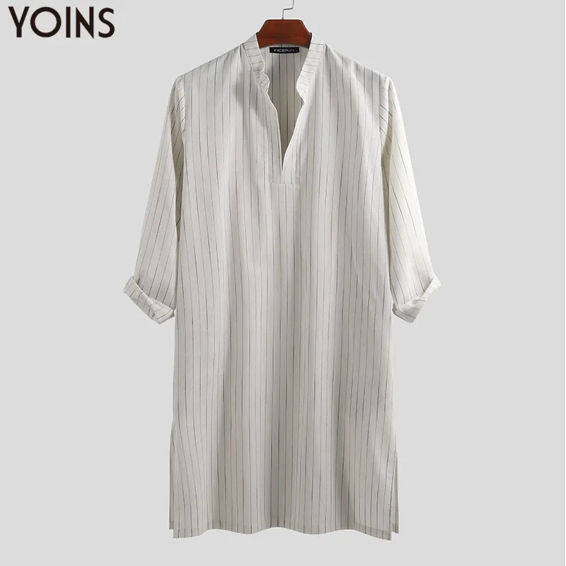 

YOINS 2019 Saudi Arab Muslim Kaftan Men Long Sleeve V Neck Striped Islamic Arab Caftan Long Tunic Robe Men Jubba Thobe Clothes