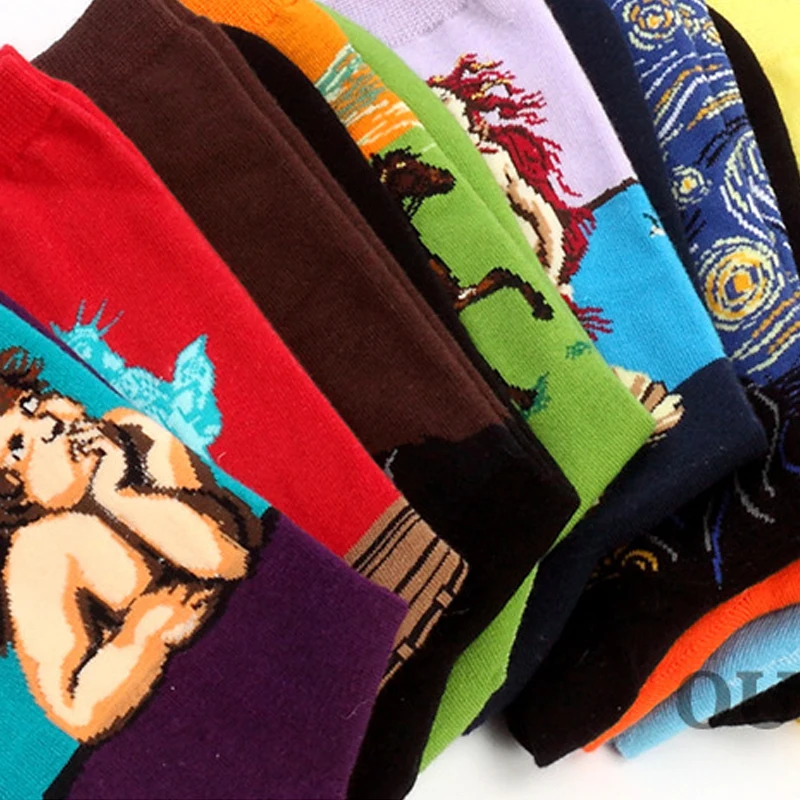 Повседневные осенне-зимние женские носки в стиле ретро новые художественные носки с изображением Ван Гога, всемирно известные носки с масляной росписью, женские носки, веселые мужские носки