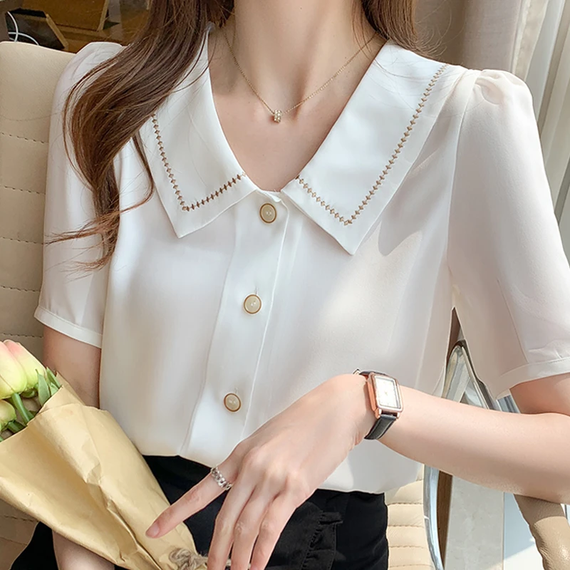 moe draadloos schetsen Sweet Button Elegant Tops Ladies Blusas Blouses Femme Tops Women White  Shirts Short Sleeve Chiffon Embroidery Dropshipping 1522 - Women Shirt -  AliExpress