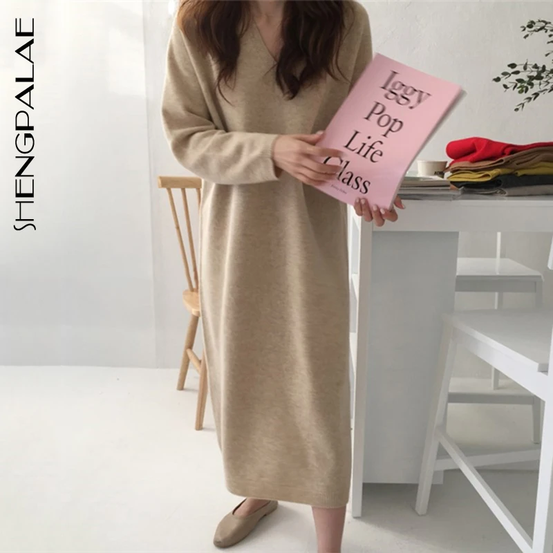 

SHENGPALAE Pullovers V-neck Mid-calf Full Sleeve Women Solid Straight Sweater Dress New Spring Autumn 2019 Korea Style FS510