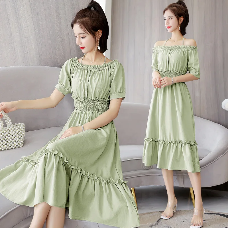 

Photo Shoot Video 2019 Summer Wear New Style Korean-style Versatile Mid-length Horizontal Neck Fashionable Dress Women's Long-Sl