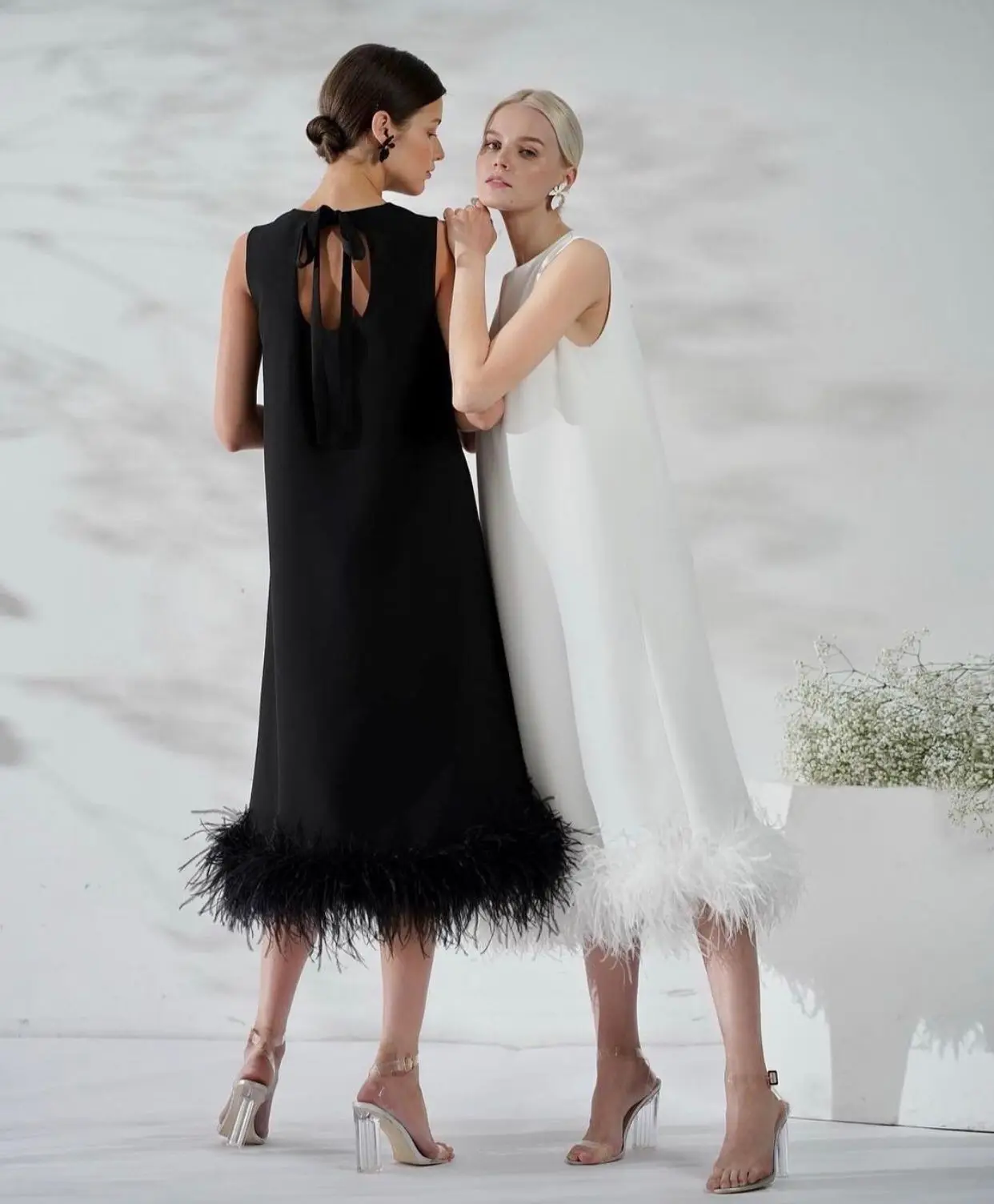 LORIE 2021 Saudi Arabia Black Prom Dresses O Neck Hollow Back adjustable Bow Satin Feather Tea Length Straight Evening Gowns