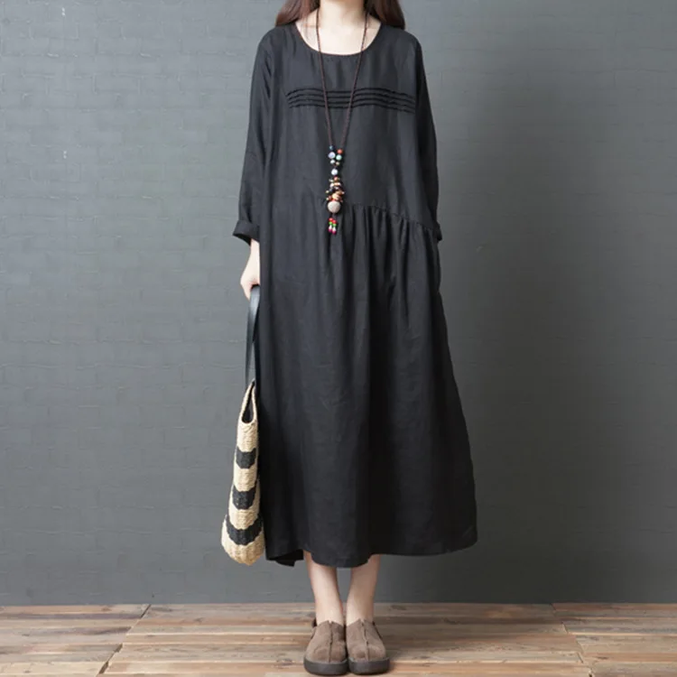 

Fat Mm Large Size Dress New Style 2019 Korean-style Loose Fashion Comfortable Solid Color Flax Dress