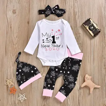 

Baby Girl Clothes New Years Letter Print Long Sleeve Romper Pants Hats Hairband Outfit Infant 4PCS Set Newborn Clothes bebes