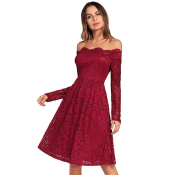 

Fashion Sexy Lace Dress Women Slash Neck Full Sleeve High Waist Knee Length Summer Dress Female Hollow Out Solid Dress