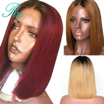 

13X6 Burgundy Red Honey Blonde Color Pixie Short Bob Cut Lace Front Human Hair Wigs H8-16 Preplucked Straight Brazilian RemyRiya