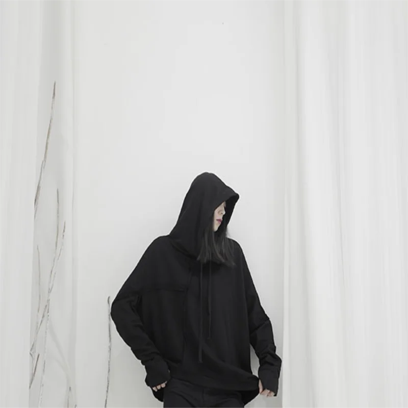 Women's Long Sleeve Hoodie Winter New Black Drawstring Irregular Design Young Fashion Trend Versatile Pullover